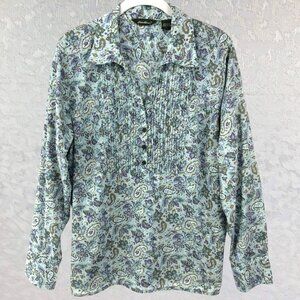 Eddie Bauer 100% Cotton Floral Paisley Long Sleeve Pintuck Bib Blouse Size L